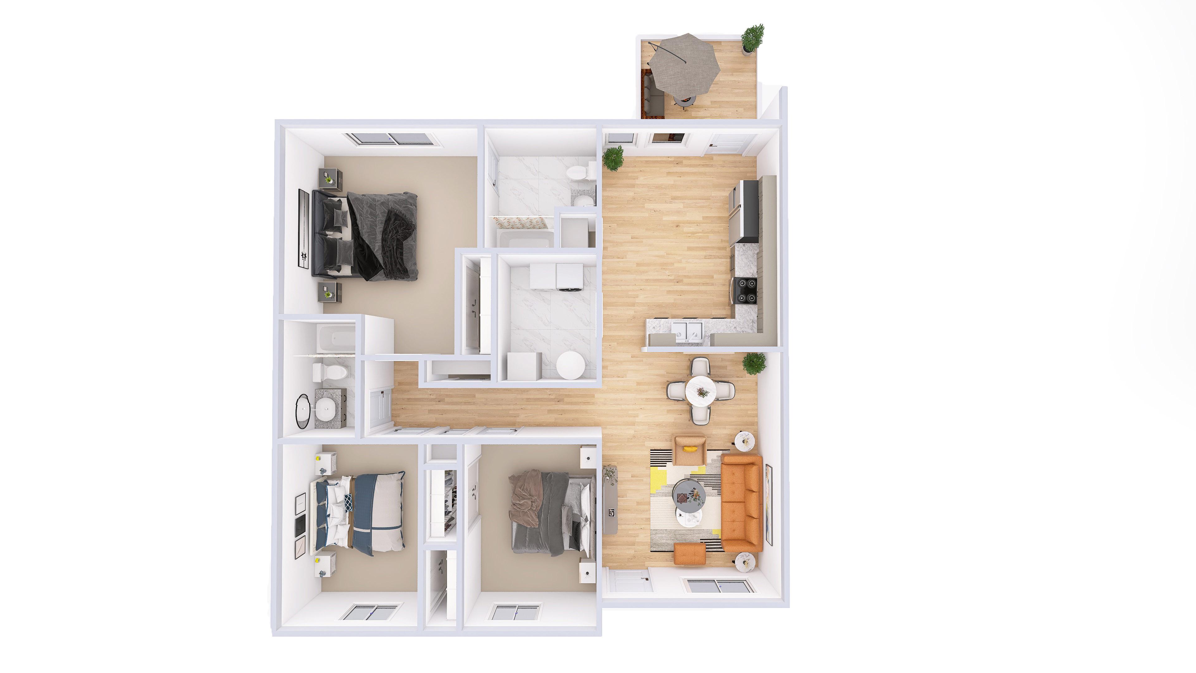 Floor plan for 3 beds, 2 baths, 1160 sqft